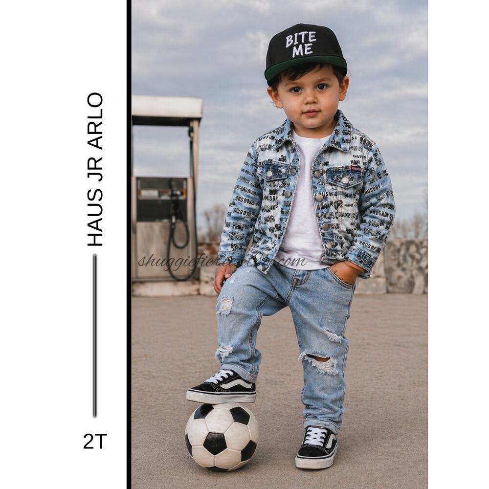 MSRP: $74 ✨ Haus Jr Logo Denim Jacket – Size 2T | All-Over Print ✨SAME DAY SHIP